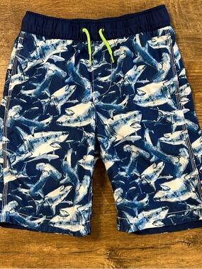 GAP Kids Blue & White Shark Swim Trunks with Neon Green Drawstring
